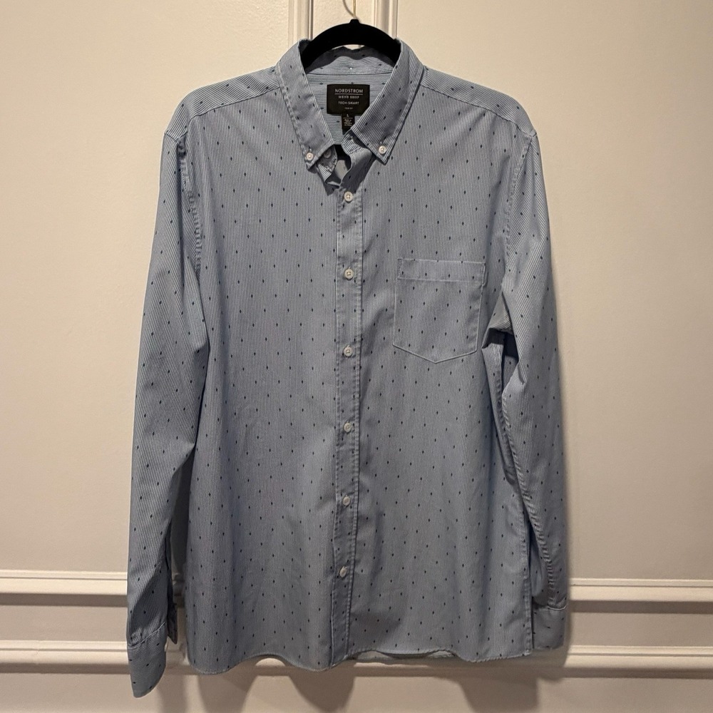 Nordstrom Men's Shop Tech Smart Blue Shepherds‎ Check Trim Fit Dress Shirt Large